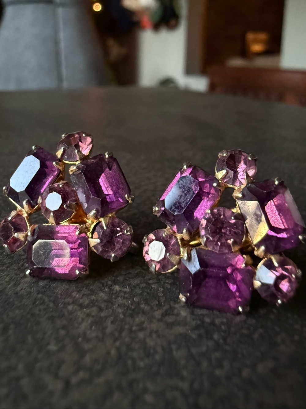 Deep Lavender Rhinestone Cluster Earrings - Screw Backs